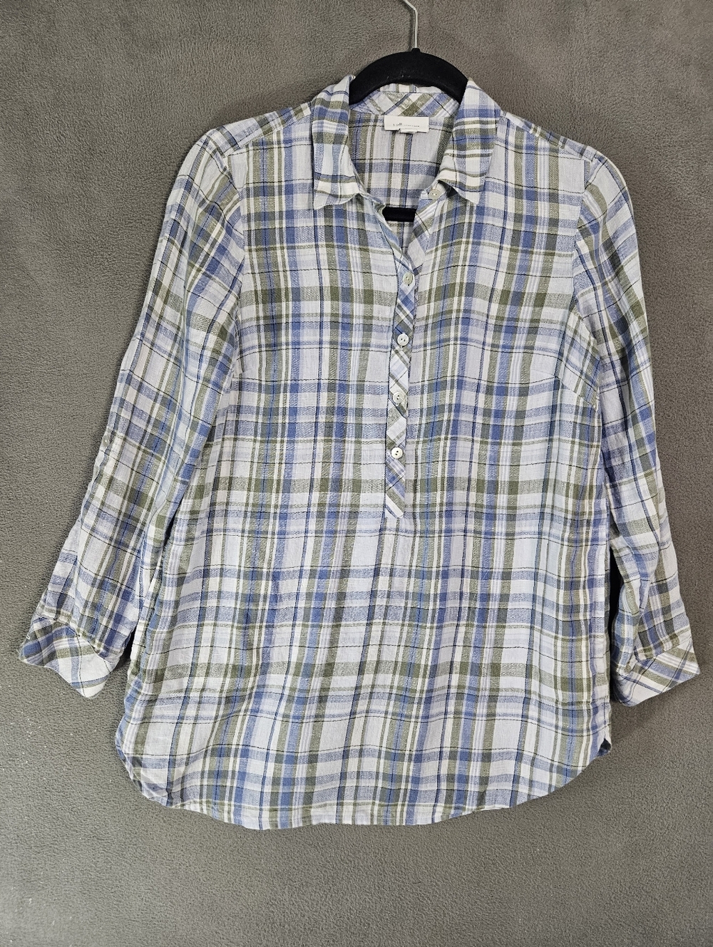 J Jill Love Linen Popover Shirt Plaid Petite PXS Roll-Tab Sleeve Tunic Vacation